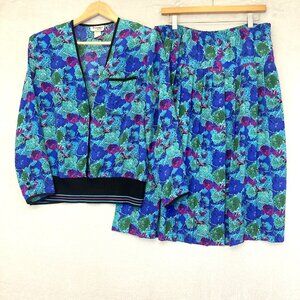 Vintage 80s Evanna Skirt Blouse Set Womens 14 Blue Green Floral Lightweight USA